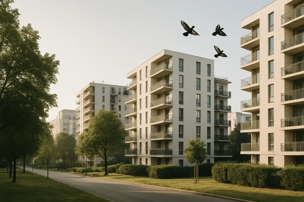 Vue d'un quartier résidentiel des Hauts-de-Seine au matin avec des pigeons en vol.