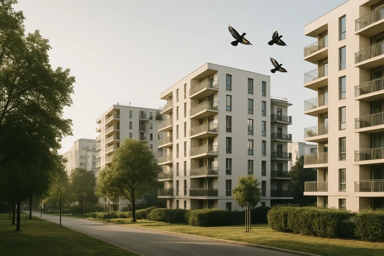 Vue d'un quartier résidentiel des Hauts-de-Seine au matin avec des pigeons en vol.