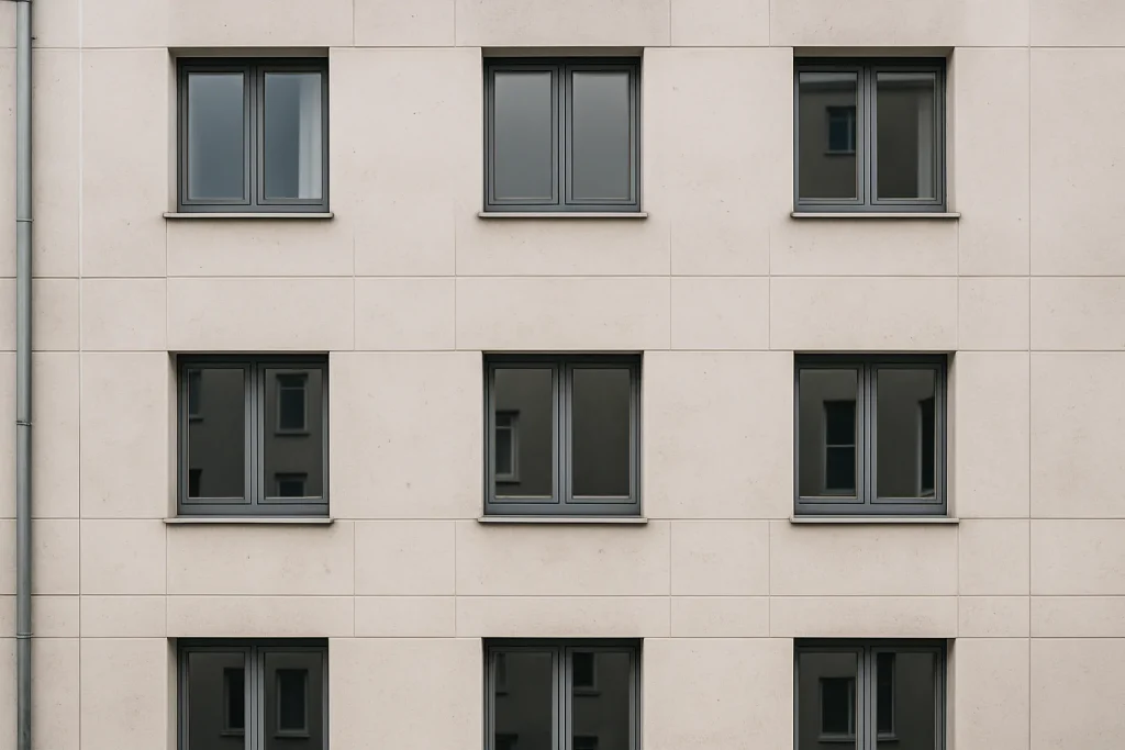 Façade d'immeuble propre après nettoyage des fientes de pigeon, éclairage naturel