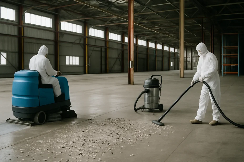 Travailleurs nettoyant un entrepôt industriel des fientes de pigeon avec des équipements modernes.
