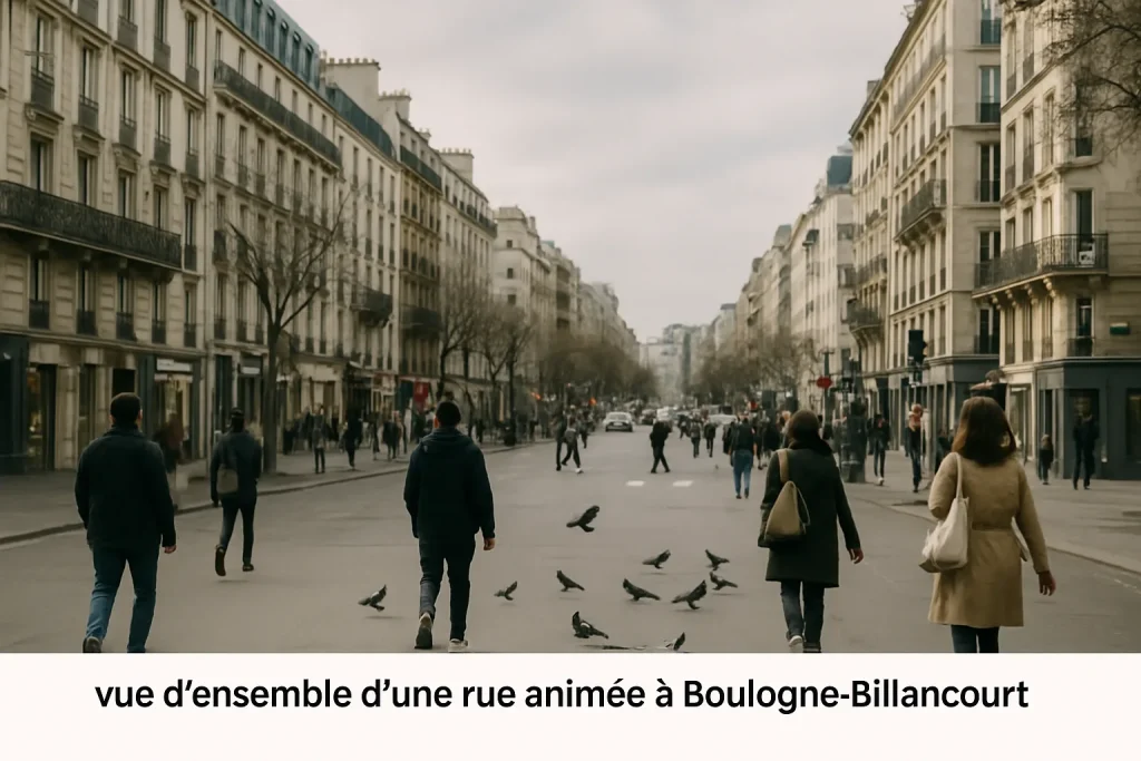 Rue de Boulogne Billancourt avec passants et pigeons, bâtiments visibles