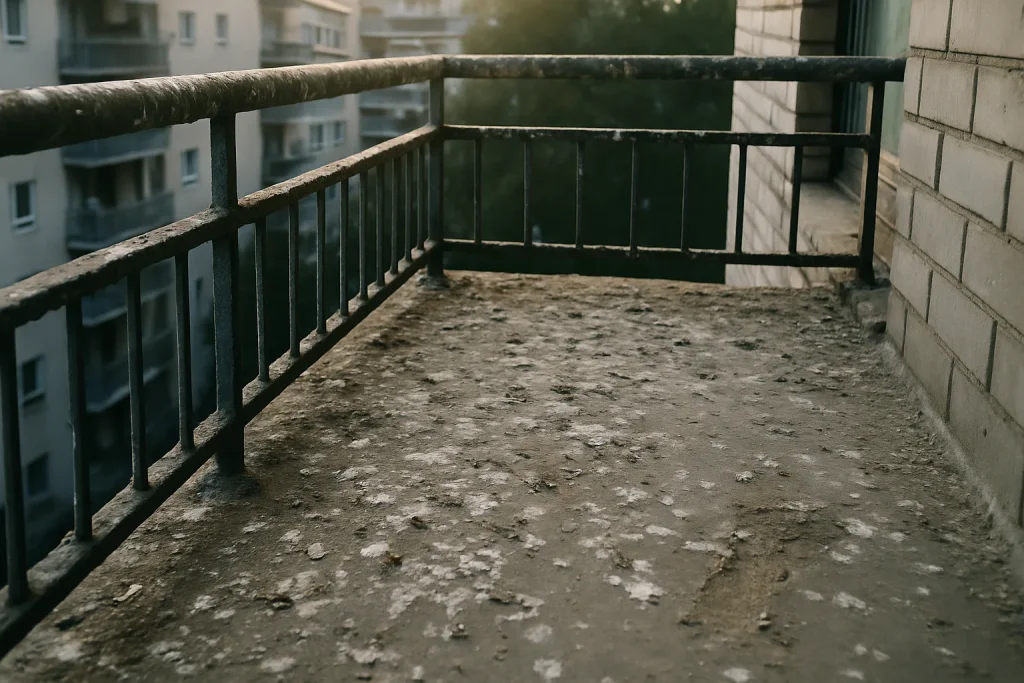 Balcon urbain avec de nombreuses fientes de pigeon, montrant des dégâts visibles