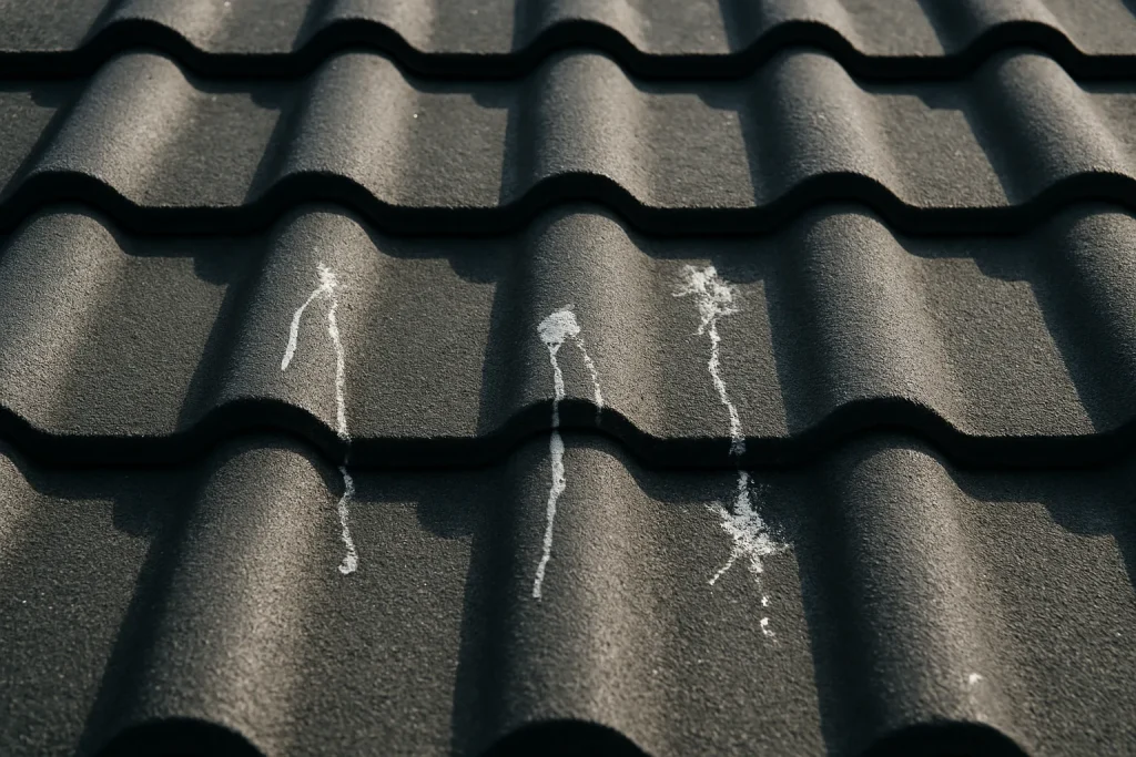 Gros plan de tuiles de toit avec traces de fientes de pigeon, éclairage naturel.