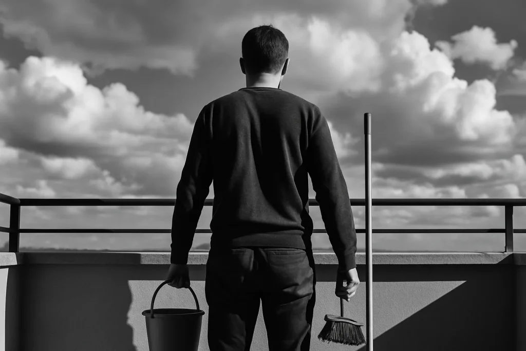Homme de dos sur un balcon avec seau et balai, nettoyant des fientes de pigeon.