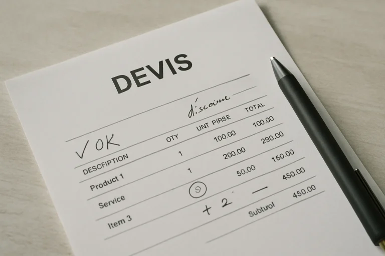 Devis papier annoté avec stylo à côté, éclairé par une lumière naturelle