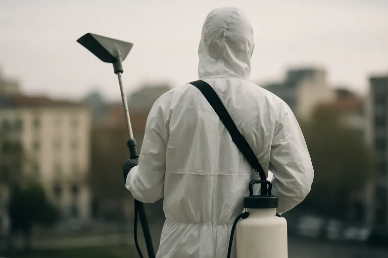 Silhouette d'un nettoyeur de fientes de pigeon de dos avec équipement, fond urbain flou