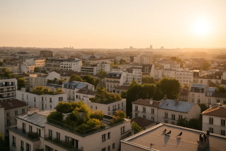 Vue aérienne de Boulogne Billancourt avec des pigeons sur les toits au lever du soleil.
