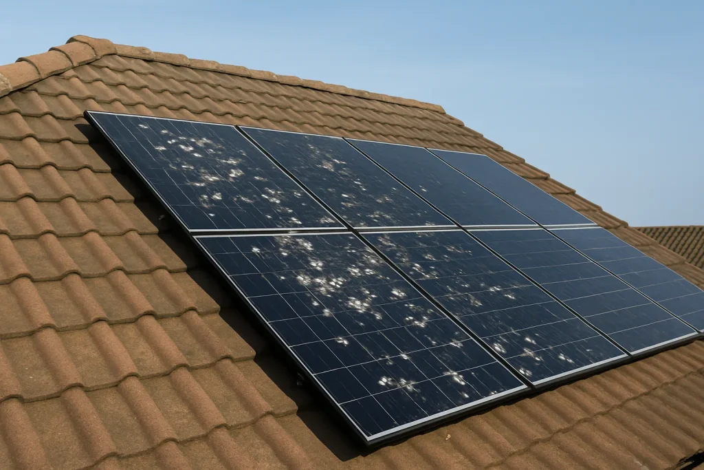 Panneaux solaires sur un toit partiellement couverts de fientes de pigeon sous un ciel dégagé.