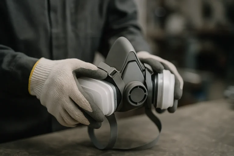Mains gantées tenant un masque respiratoire, protection contre les fientes de pigeon
