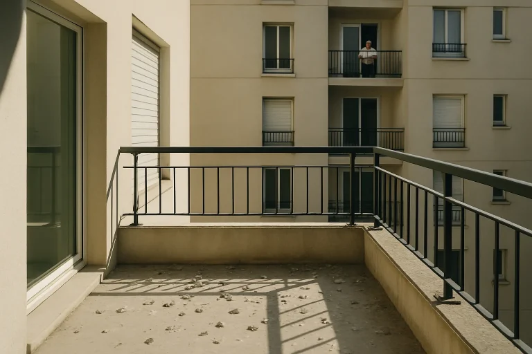 Balcon en ville recouvert de fientes de pigeon, observé par un voisin depuis un autre balcon