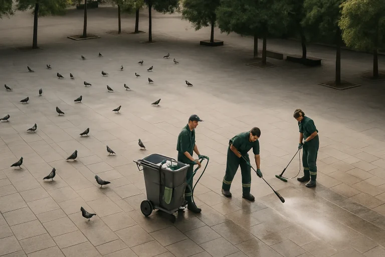 Équipe nettoyant une place urbaine avec des produits écologiques pour les fientes de pigeon.