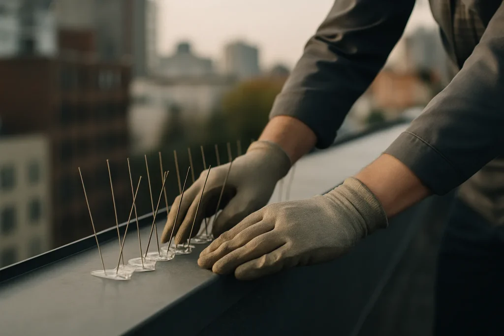 Des mains installant des dispositifs anti-pigeons modernes sur un toit, lumière douce.
