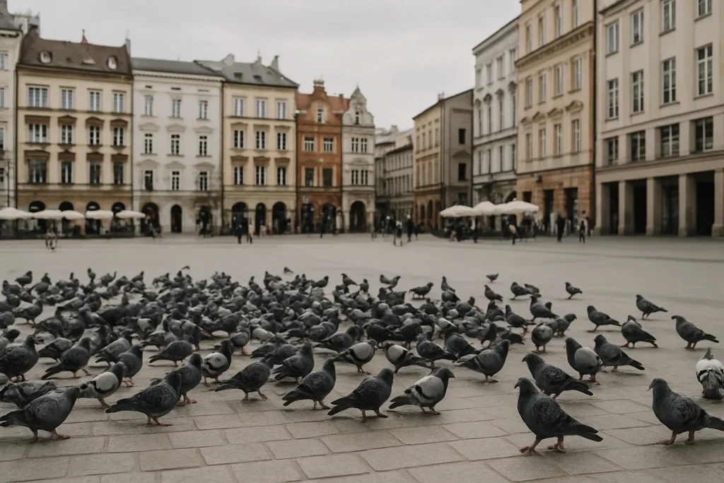 Place urbaine avec pigeons, bâtiments en arrière-plan, lumière du jour