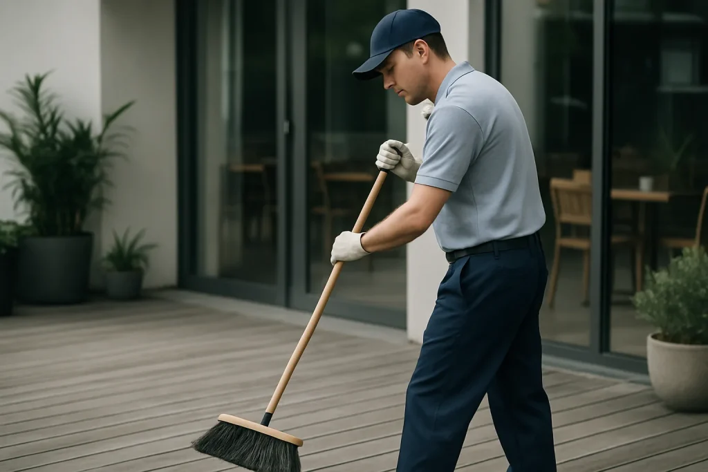 Employé en uniforme de nettoyage entretenant une terrasse commerciale avec un balai, plantes en arrière-plan.