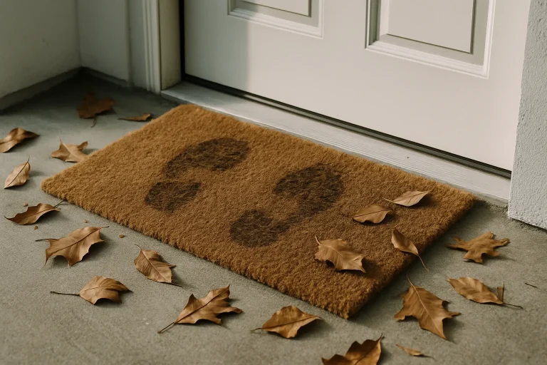 Paillasson devant une porte d'entrée avec feuilles mortes et traces de pas visibles.