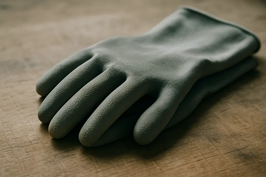 Gros plan de gants en caoutchouc sur une table en bois, lumière naturelle