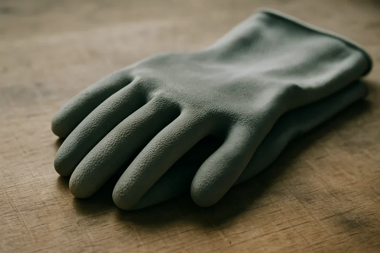 Gros plan de gants en caoutchouc sur une table en bois, lumière naturelle