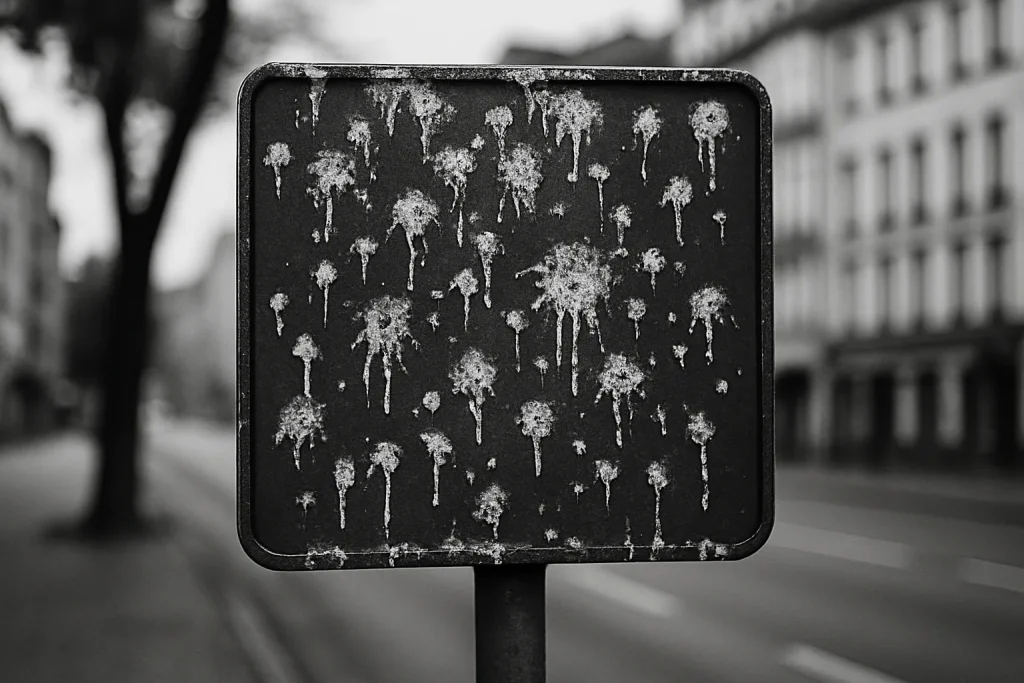 Panneau publicitaire en ville avec des fientes de pigeon visibles, en noir et blanc.