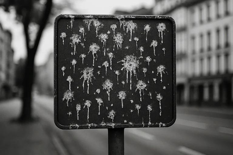 Panneau publicitaire en ville avec des fientes de pigeon visibles, en noir et blanc.