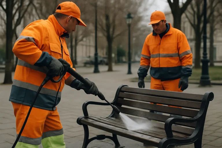 Des agents municipaux utilisant des jets d'eau pour nettoyer un banc public à Boulogne-Billancourt
