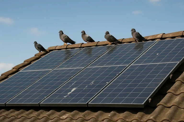 Toiture avec panneaux solaires partiellement couverts de fientes de pigeon, pigeons perchés.