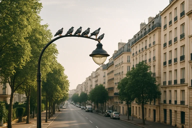 Pigeons perchés sur un lampadaire à Boulogne-Billancourt influençant la biodiversité environnante