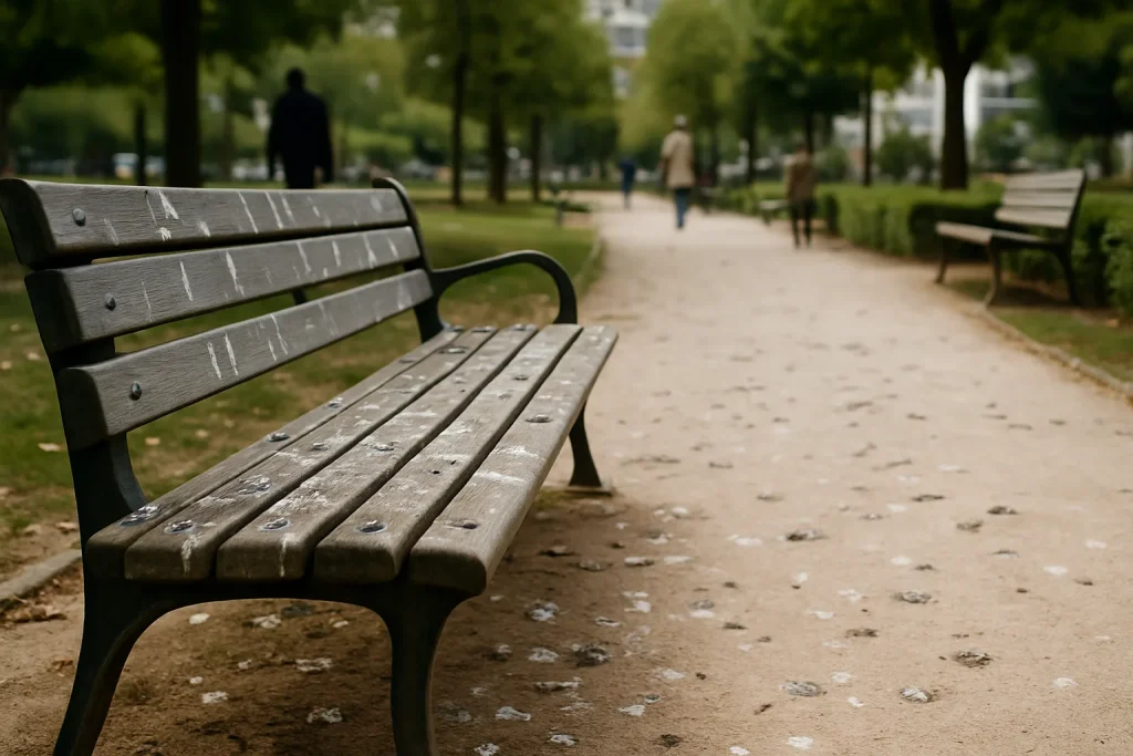 Parc urbain à Boulogne-Billancourt avec des fientes de pigeon sur les bancs et chemins, passants flous.