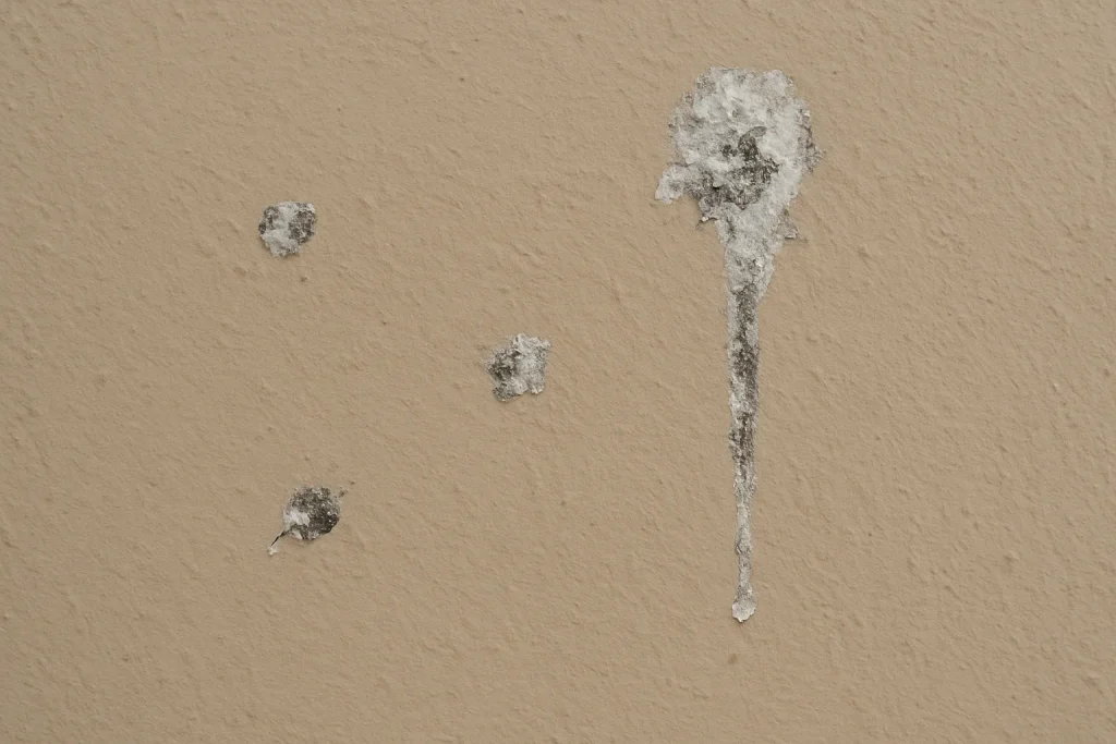 Façade peinte en peinture biologique avec traces de fientes de pigeon visibles