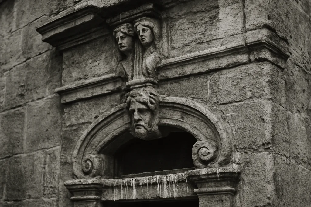 Façade en pierre ancienne avec sculptures usées et traces de fientes de pigeon