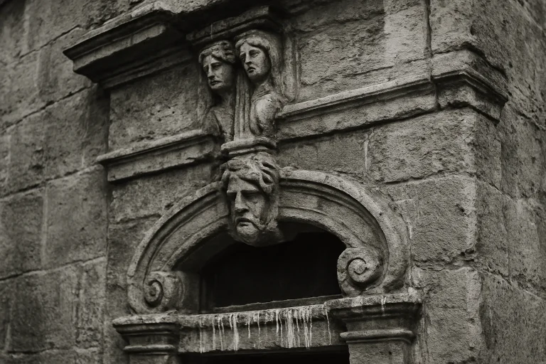 Façade en pierre ancienne avec sculptures usées et traces de fientes de pigeon