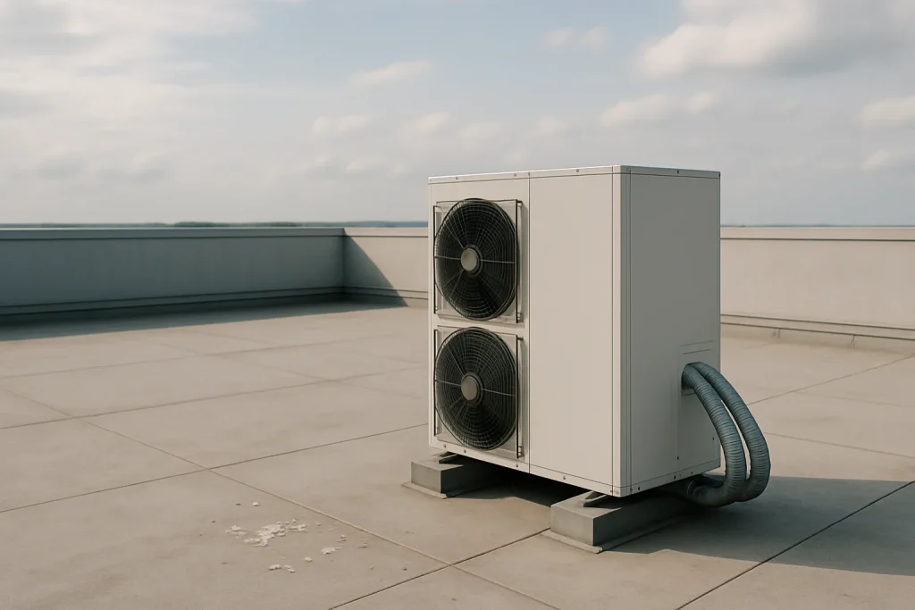 Toit avec système de climatisation, quelques fientes de pigeon visibles sur la surface.