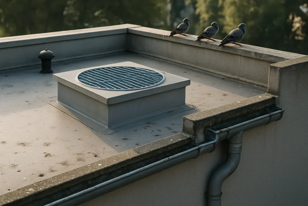 Toit avec pigeons et système de collecte d'eau de pluie, fientes visibles sur les gouttières.