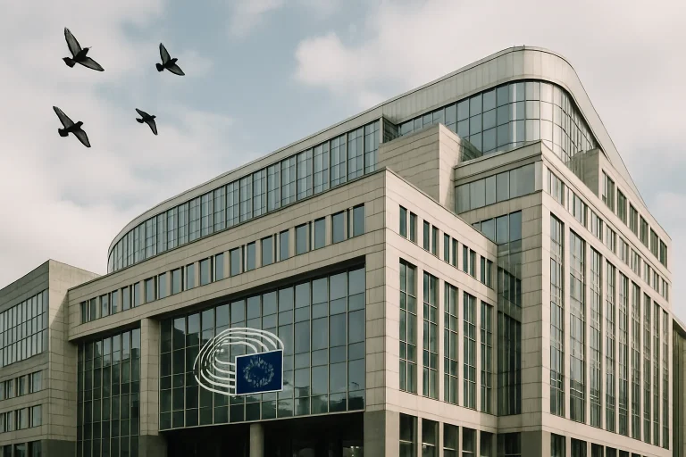 Vue d'un bâtiment administratif européen moderne avec des pigeons en vol, ciel partiellement nuageux