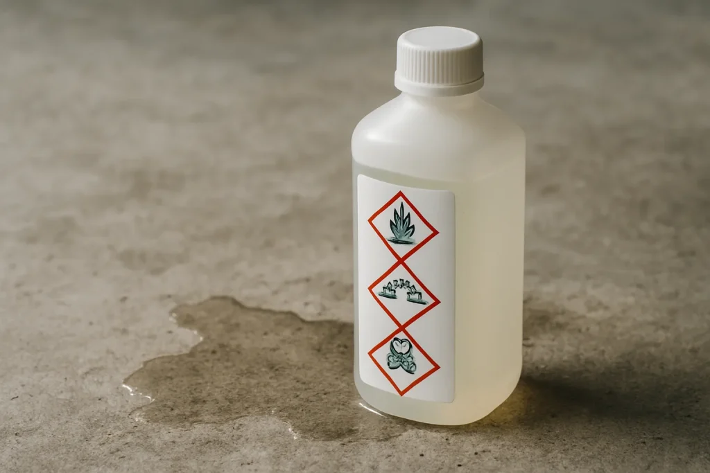 Flacon de produit chimique avec étiquette de danger, posé sur sol en béton.