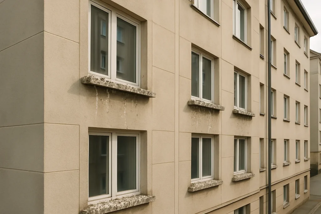 Immeuble résidentiel avec des fientes de pigeon sur les rebords de fenêtre, en plein jour