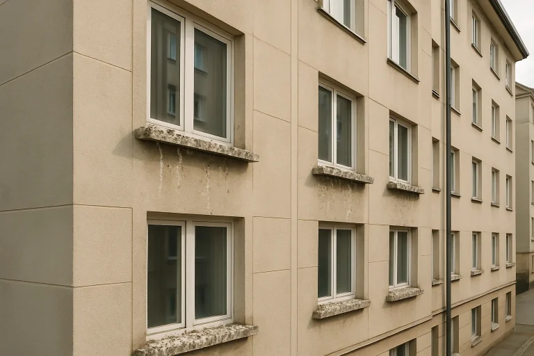 Immeuble résidentiel avec des fientes de pigeon sur les rebords de fenêtre, en plein jour