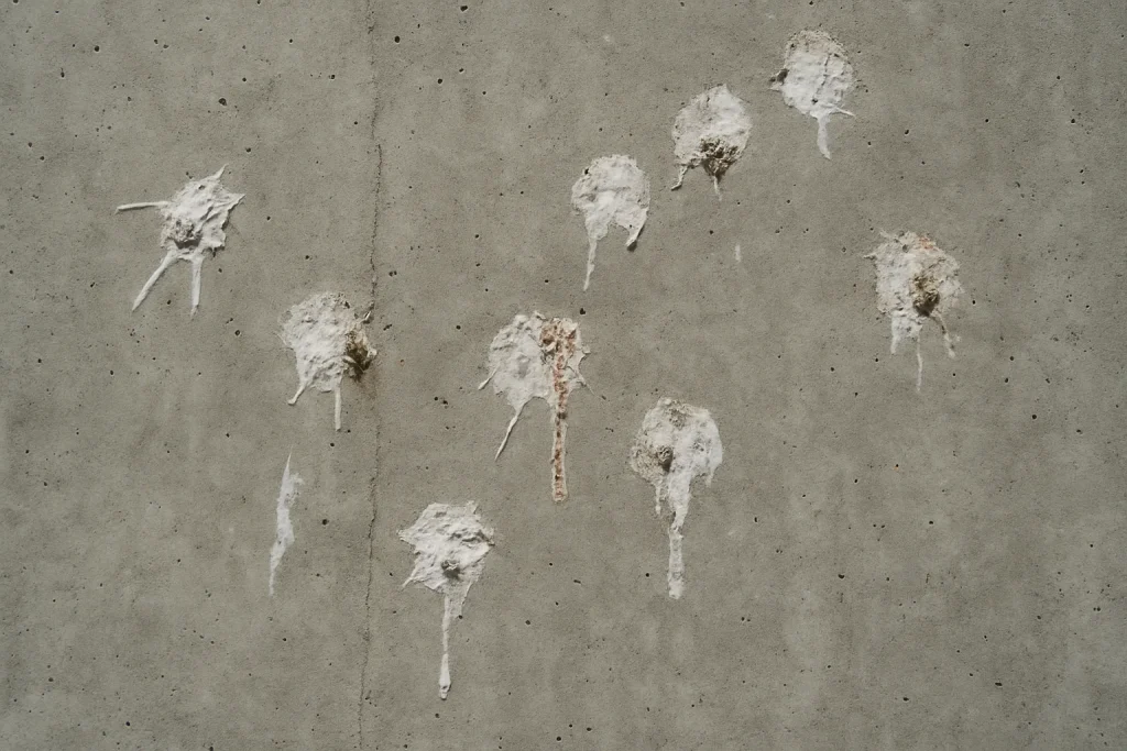 Gros plan sur une surface de béton moderne marquée par des fientes de pigeon, détails visibles