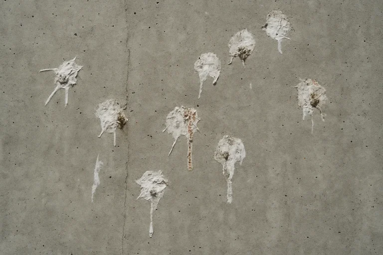 Gros plan sur une surface de béton moderne marquée par des fientes de pigeon, détails visibles