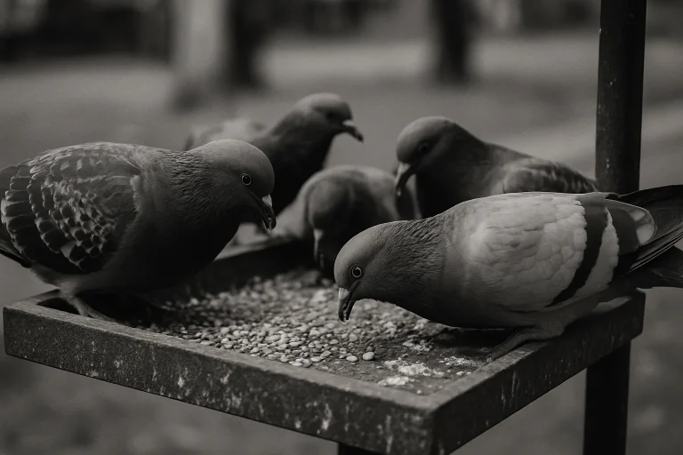 Des pigeons se nourrissent dans une mangeoire, grains et fientes visibles, en noir et blanc