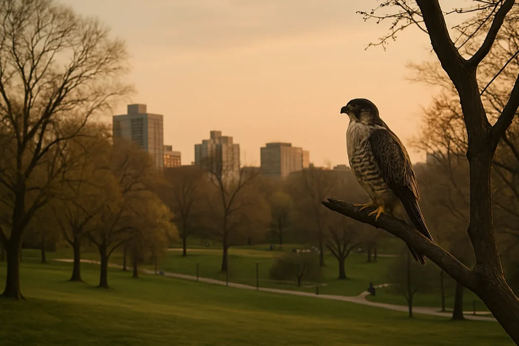Faucon perché dans un parc urbain au crépuscule, arbres et bâtiments en arrière-plan.