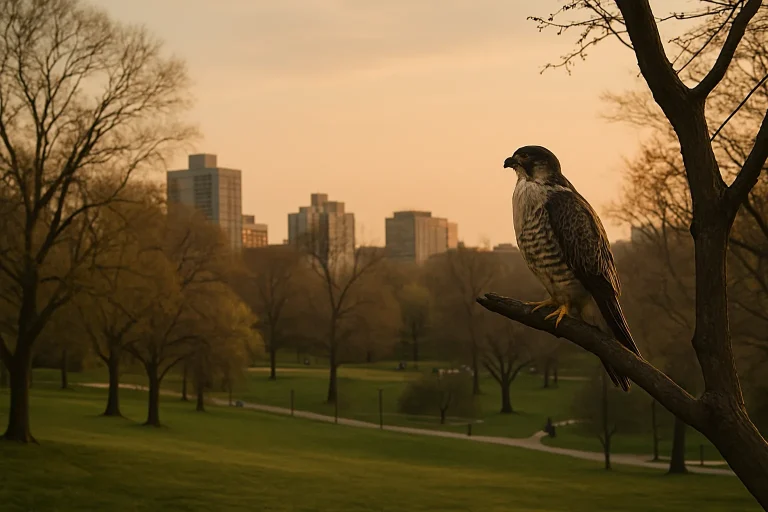 Faucon perché dans un parc urbain au crépuscule, arbres et bâtiments en arrière-plan.