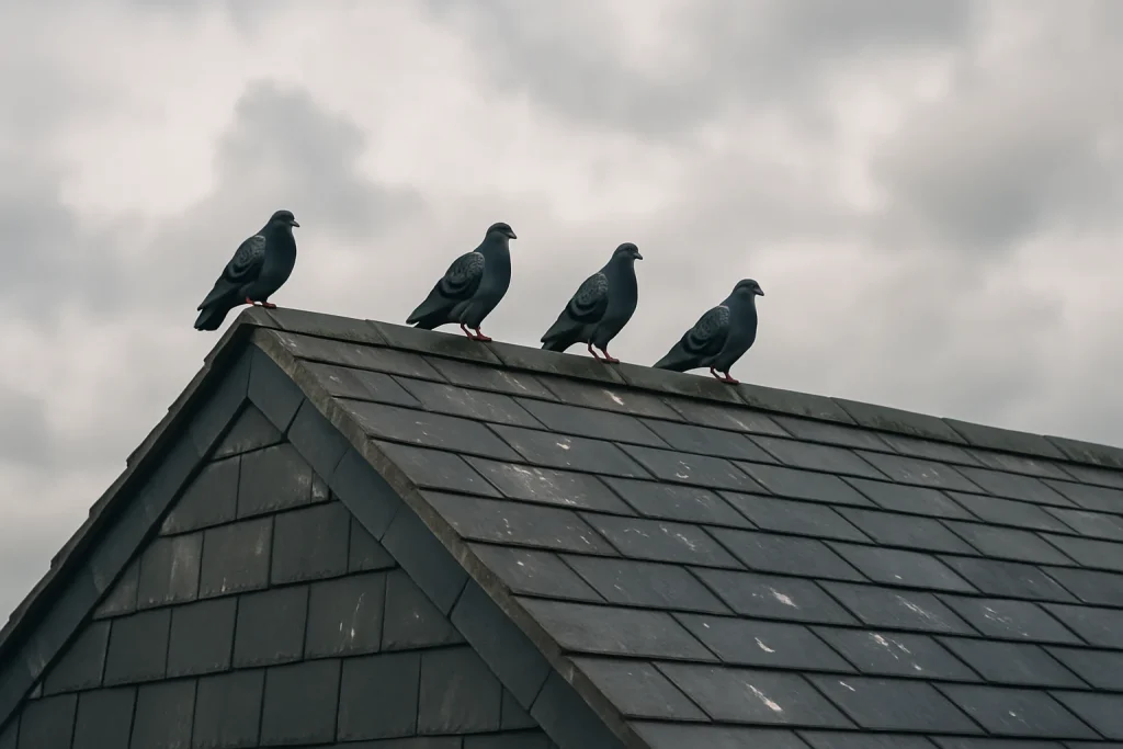 Toit en ardoise avec pigeons perchés, fientes visibles, ciel nuageux.