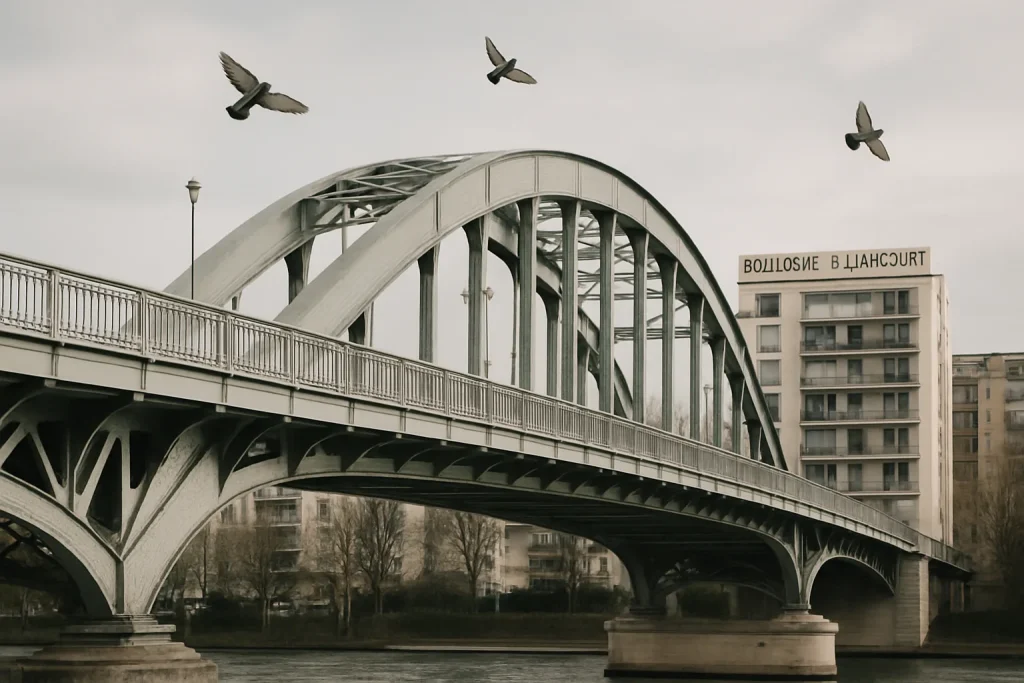 Pont en acier à Boulogne-Billancourt avec des pigeons en vol et détails urbains.