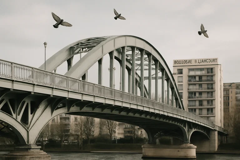 Pont en acier à Boulogne-Billancourt avec des pigeons en vol et détails urbains.