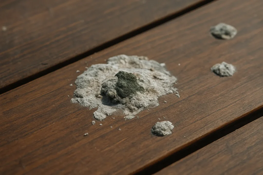 Gros plan de fientes de pigeon sur une surface en bois verni, texture visible