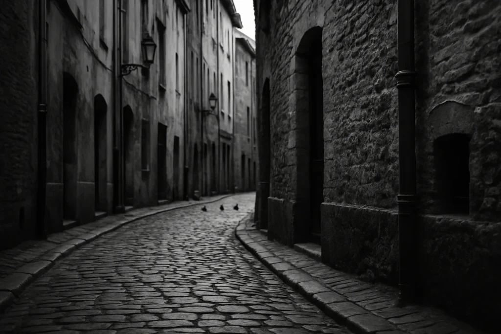 Ruelle pavée ancienne avec quelques pigeons, contraste élevé, noir et blanc.