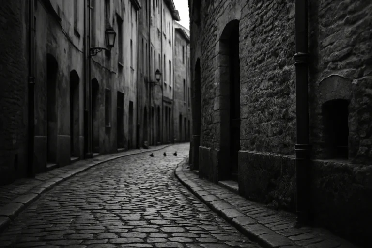 Ruelle pavée ancienne avec quelques pigeons, contraste élevé, noir et blanc.