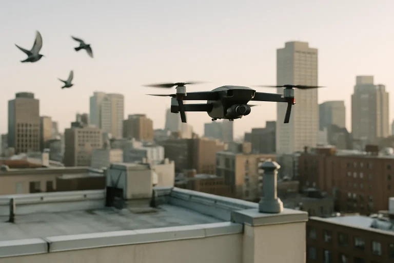 Drone en vol au-dessus d'un toit urbain, lumière matinale, pigeons en arrière-plan