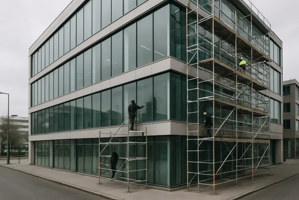 Bâtiment commercial avec échafaudages pour nettoyage, travailleurs visibles
