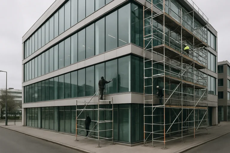 Bâtiment commercial avec échafaudages pour nettoyage, travailleurs visibles